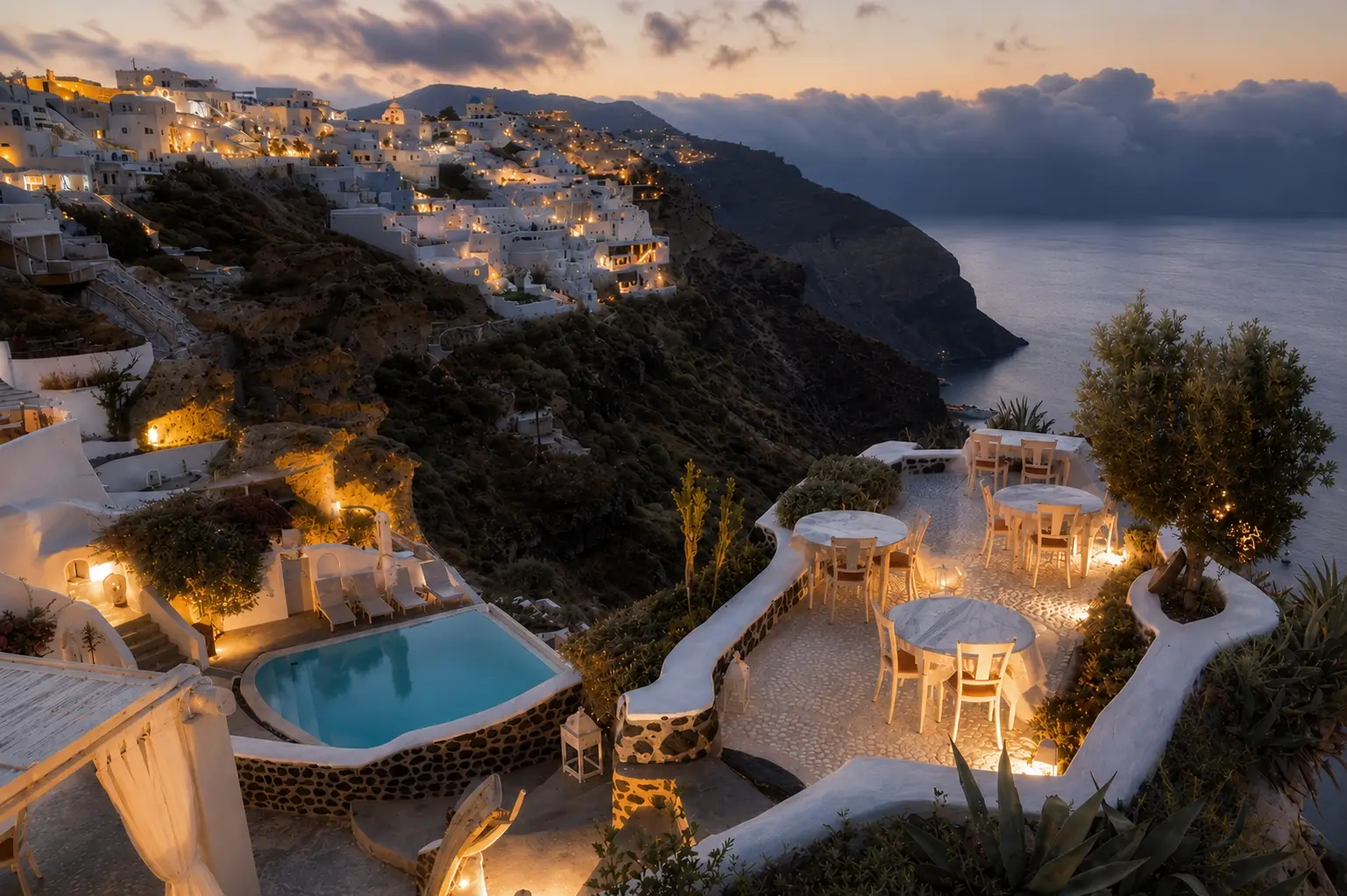 The Andronis Luxury Suites in Oia, Santorini, is known for its whitewashed suites tumbling down the volcanic cliffs.